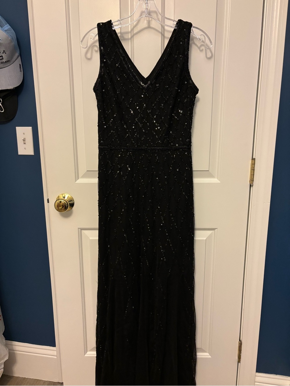 Adrianna Papell Black Beaded V-Neck Evening Midi Dress